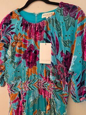 NWT Hale Bob Teal Floral Velvet Burnout Silk Dress | Size Small